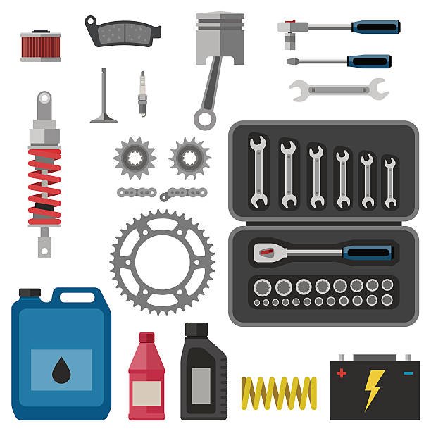 Moto parts with tools in flat style.